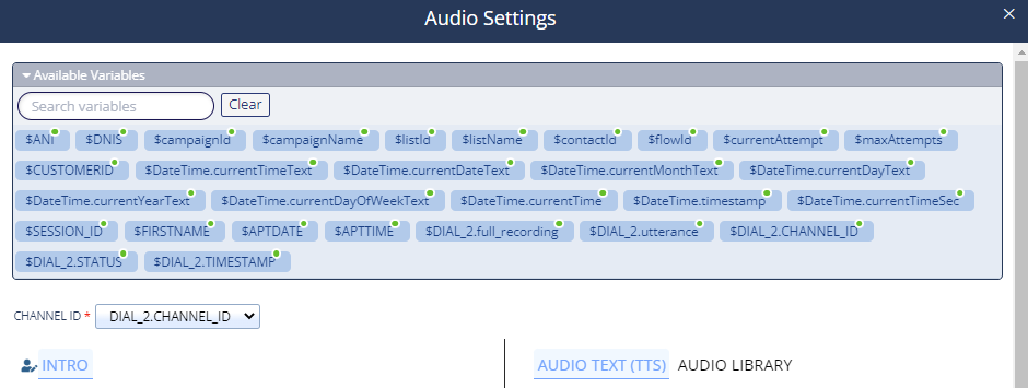 The Audio Settings pop-up window with the Available Variables section expanded